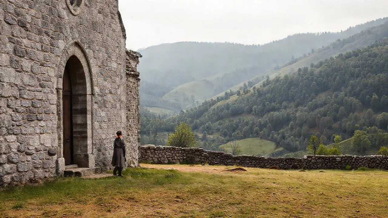 Iglesia antigua en paisaje rural sereno