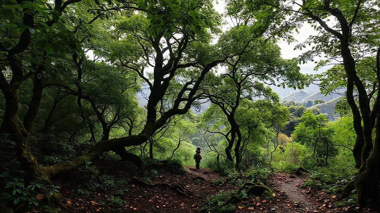 Bosque frondoso, neblinoso y sereno