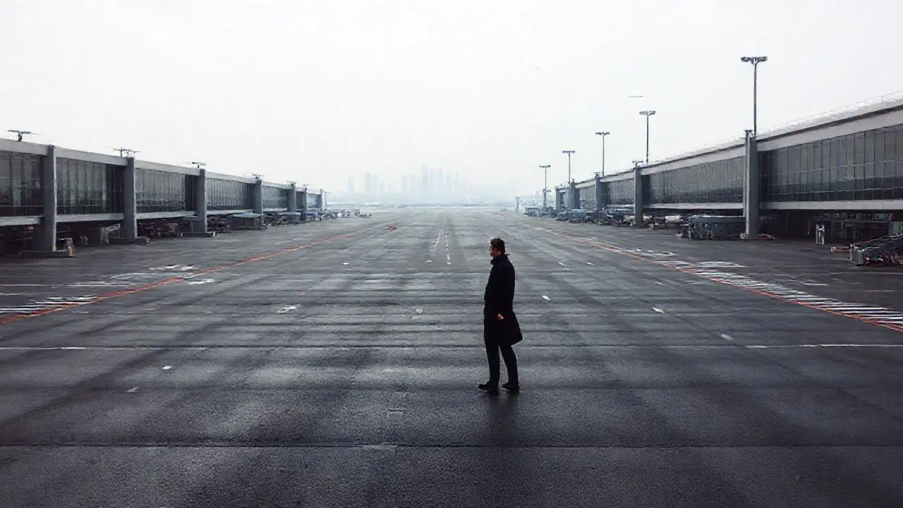 Aeropuerto vasto, gris, y silencioso
