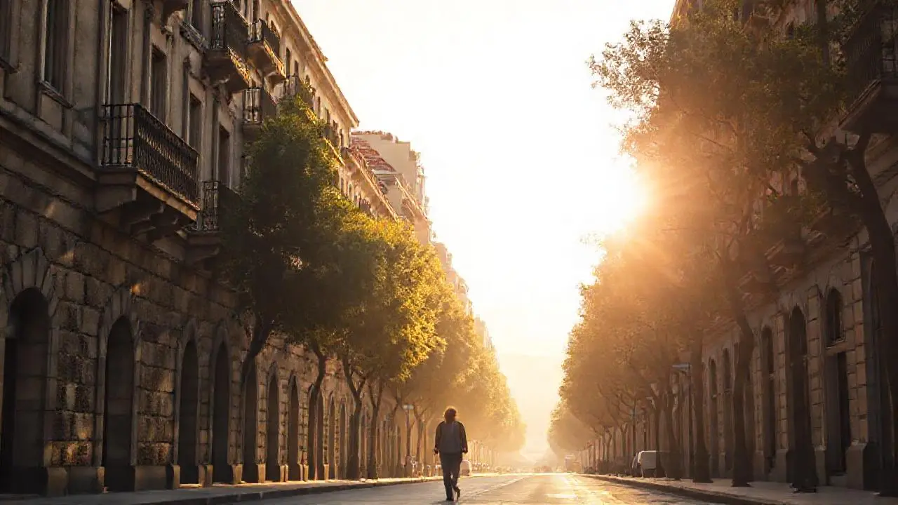 Calle tranquila, luz suave y ambiente cálido