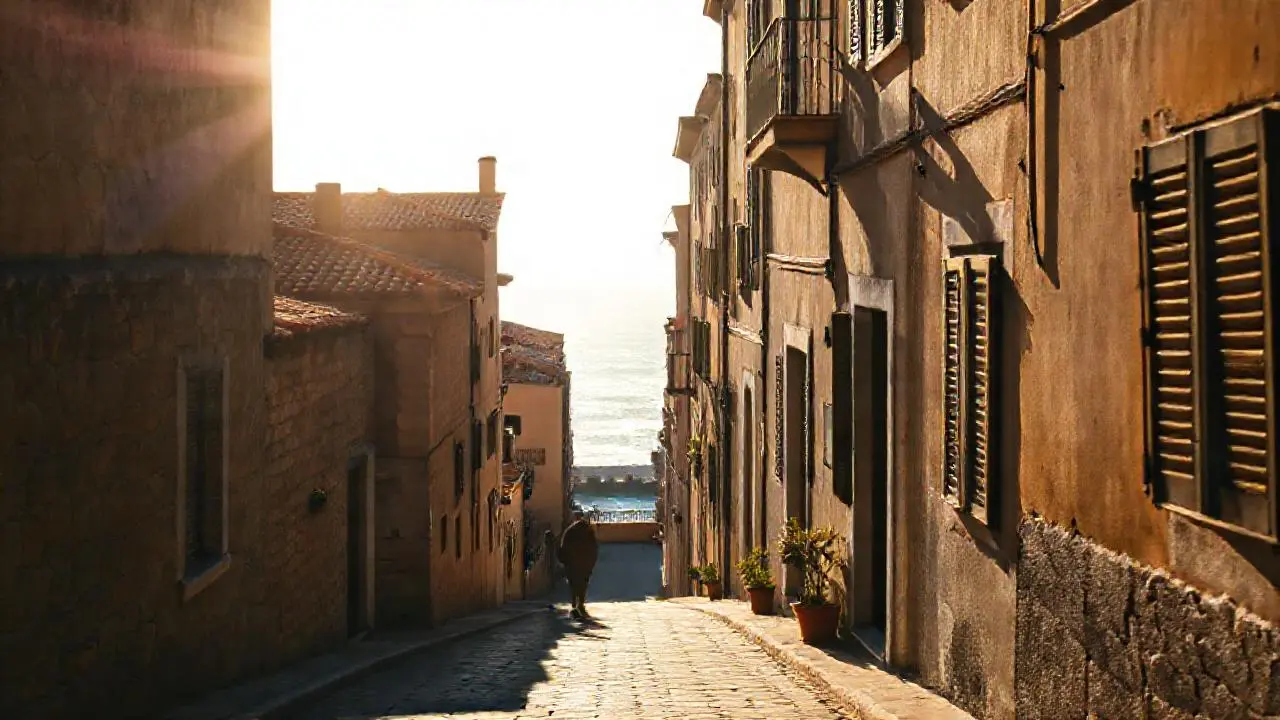 Pueblo antiguo, luz suave y tranquila