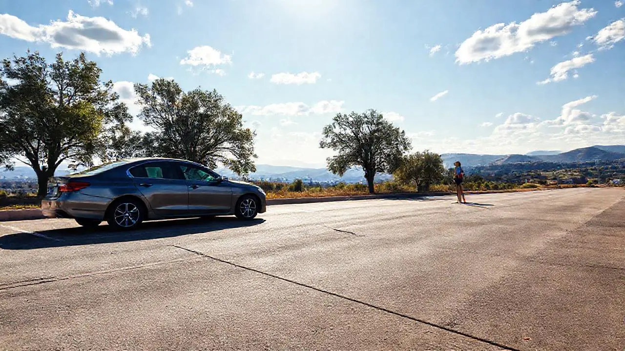 Paisaje sereno, coche y mujer a la luz