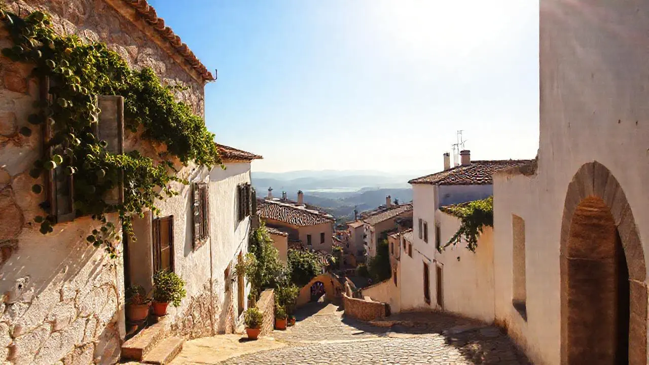 Pueblo antiguo, tranquilo y soleado