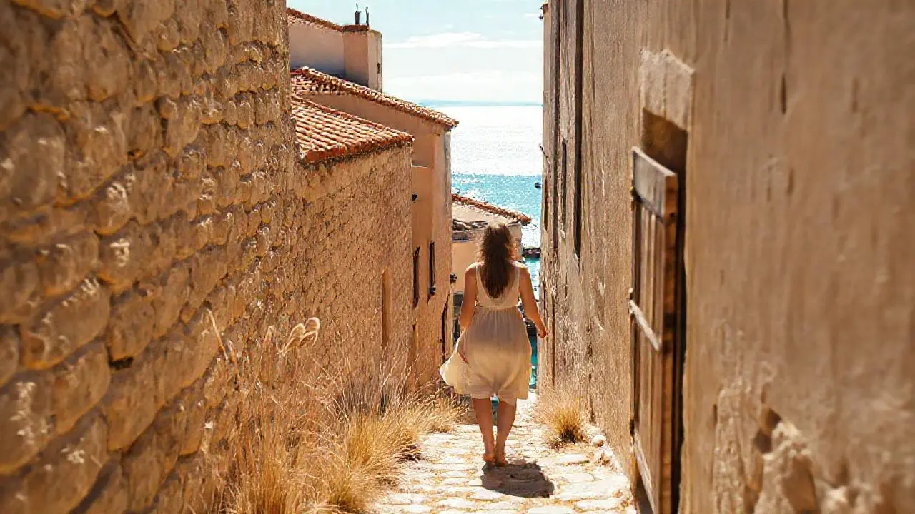 Pueblo mediterráneo tranquilo bajo la luz cálida