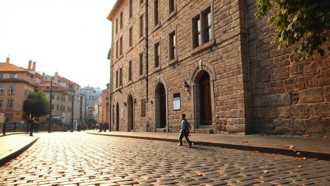 Edificio antiguo y calle empedrada, ambiente tranquilo