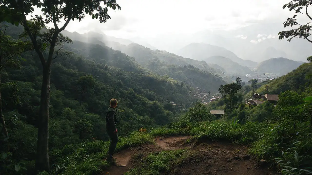 Paisaje montañoso, verde, y remoto