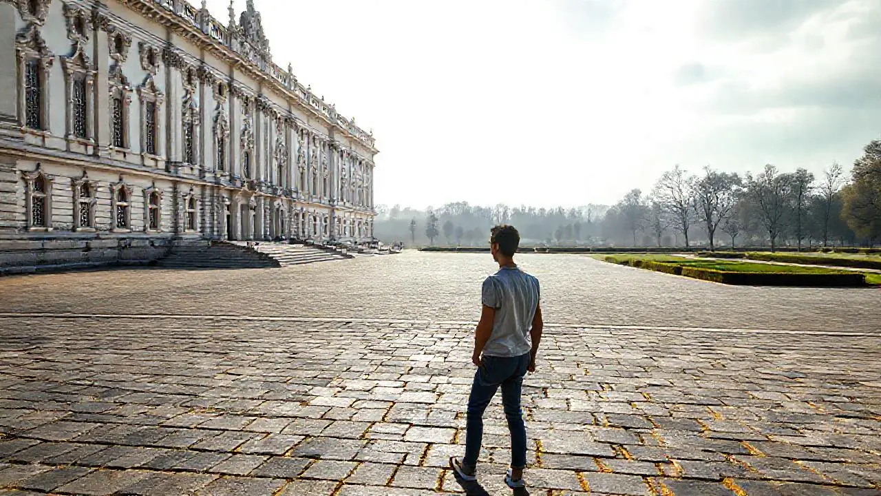 Palacio sereno, luz suave, atmósfera tranquila