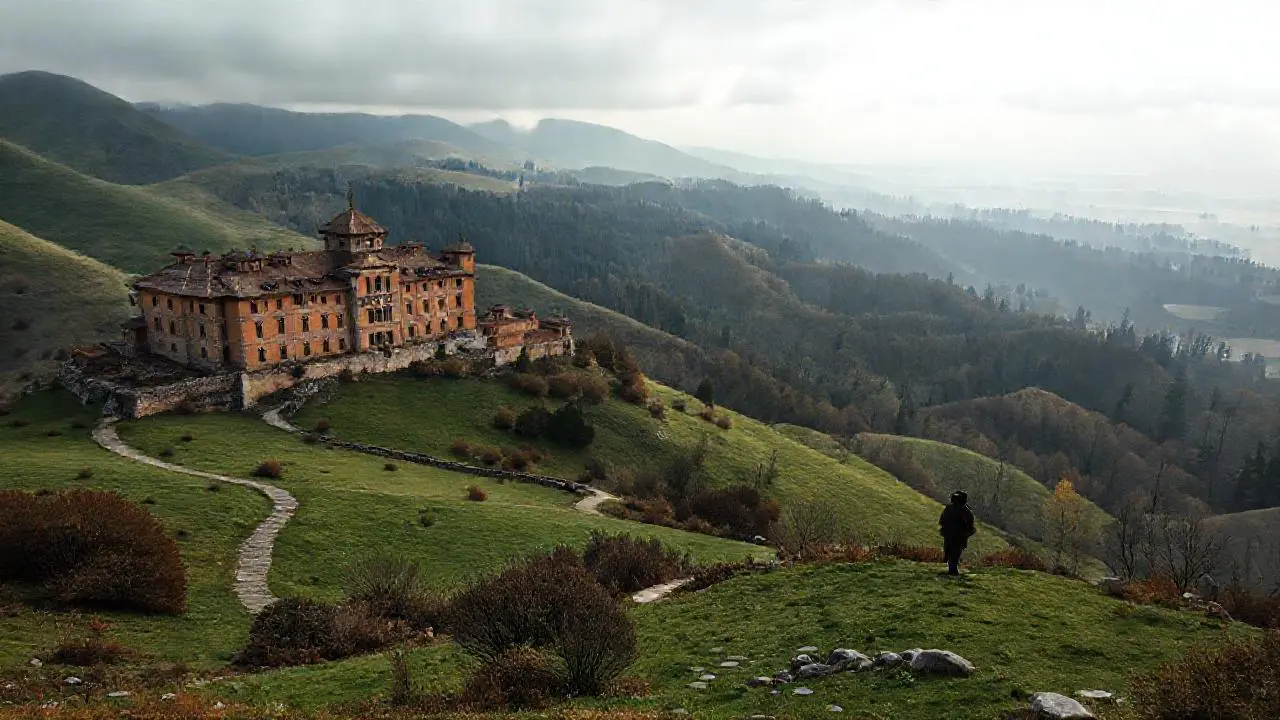 Paisaje otoñal palacio, atmósfera serena y amplia