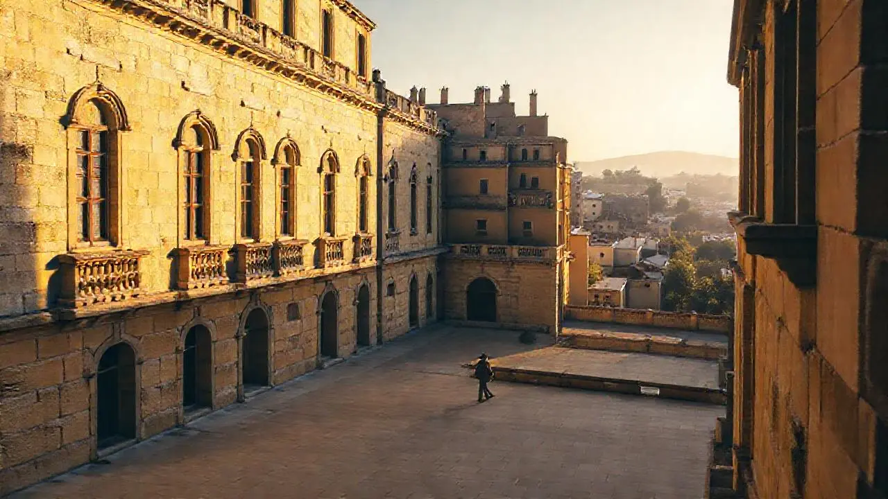Arquitectura antigua, luz cálida y espaciosidad