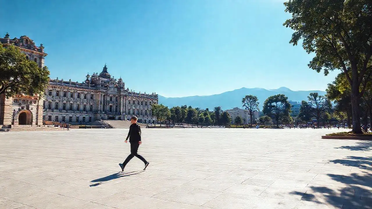 Plaza extensa, serena y luminosa
