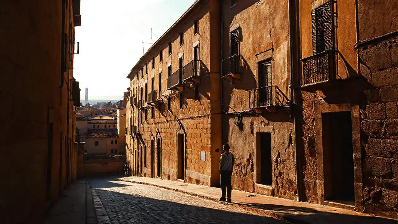Calle antigua, luz suave, ambiente relajado