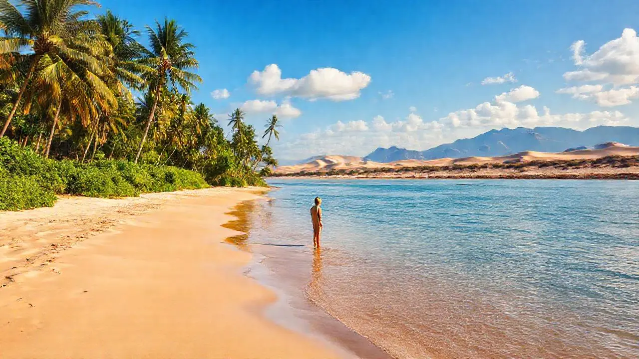 Playa tropical, luz cálida y horizonte amplio