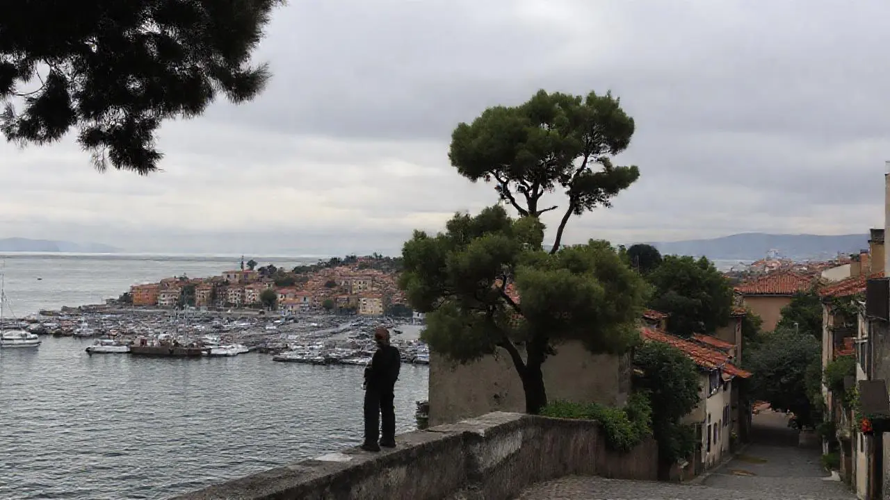 Paisaje costero tranquilo y ligeramente brumoso