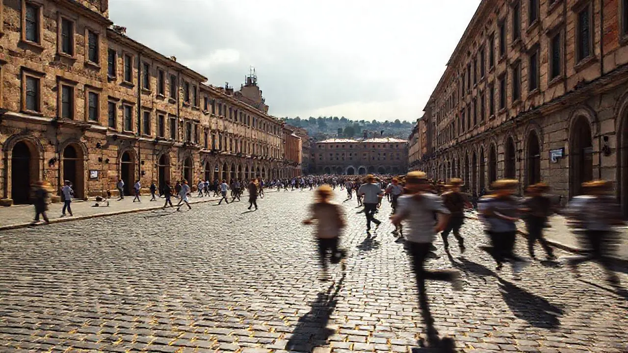 Plaza urbana amplia, borrosa y distante