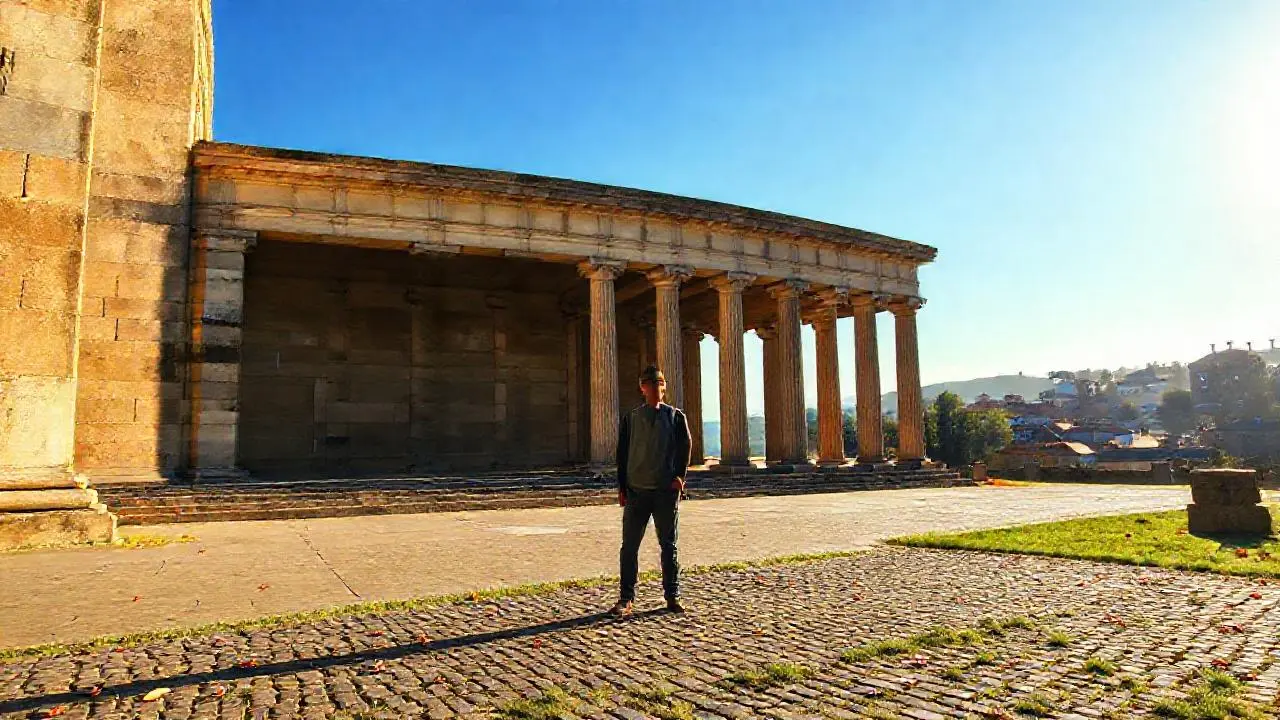 Arquitectura antigua, luz cálida y figura solitaria
