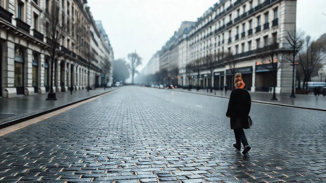 Calle parisina amplia, con luz suave y difusa