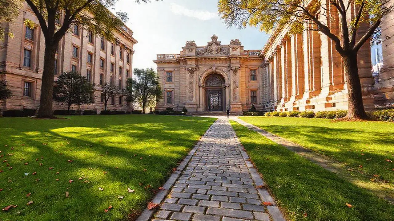 Fachada imponente con cielo y entorno detallado