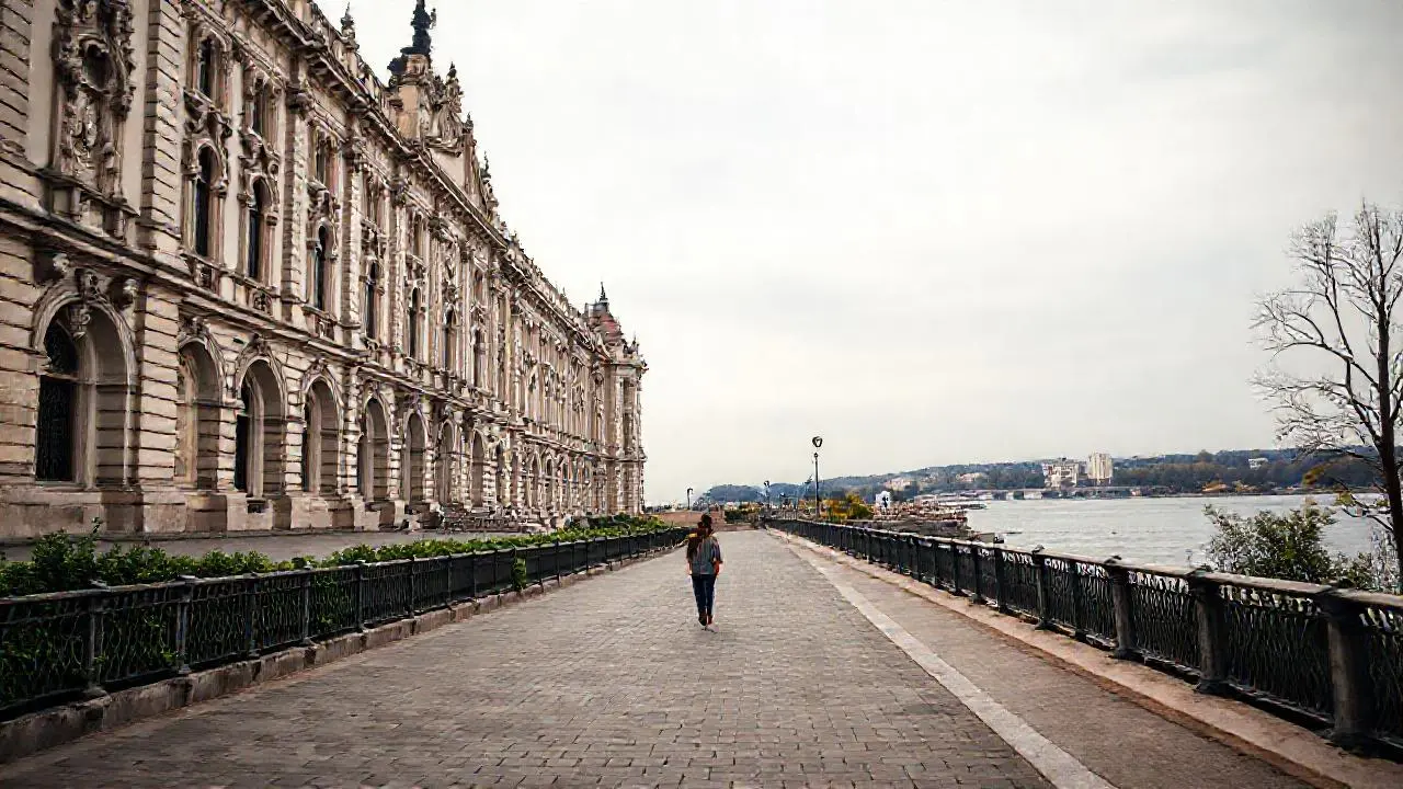 Imponente arquitectura con río y cielo