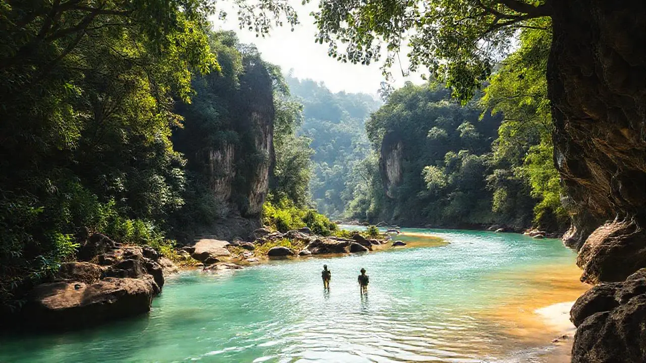 Selva exuberante, río sereno, figura aislada