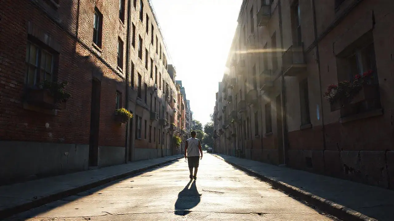 Calle urbana tranquila, luz suave y nostálgica