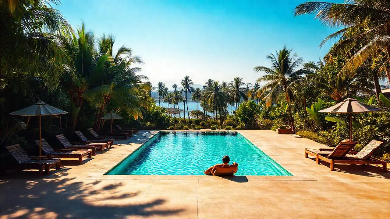 Paz tropical, piscina y relajación