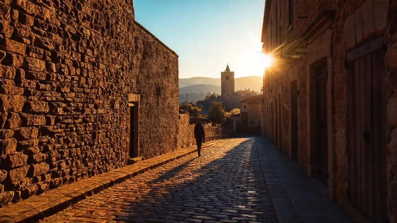 Paz rural, luz cálida, arquitectura antigua