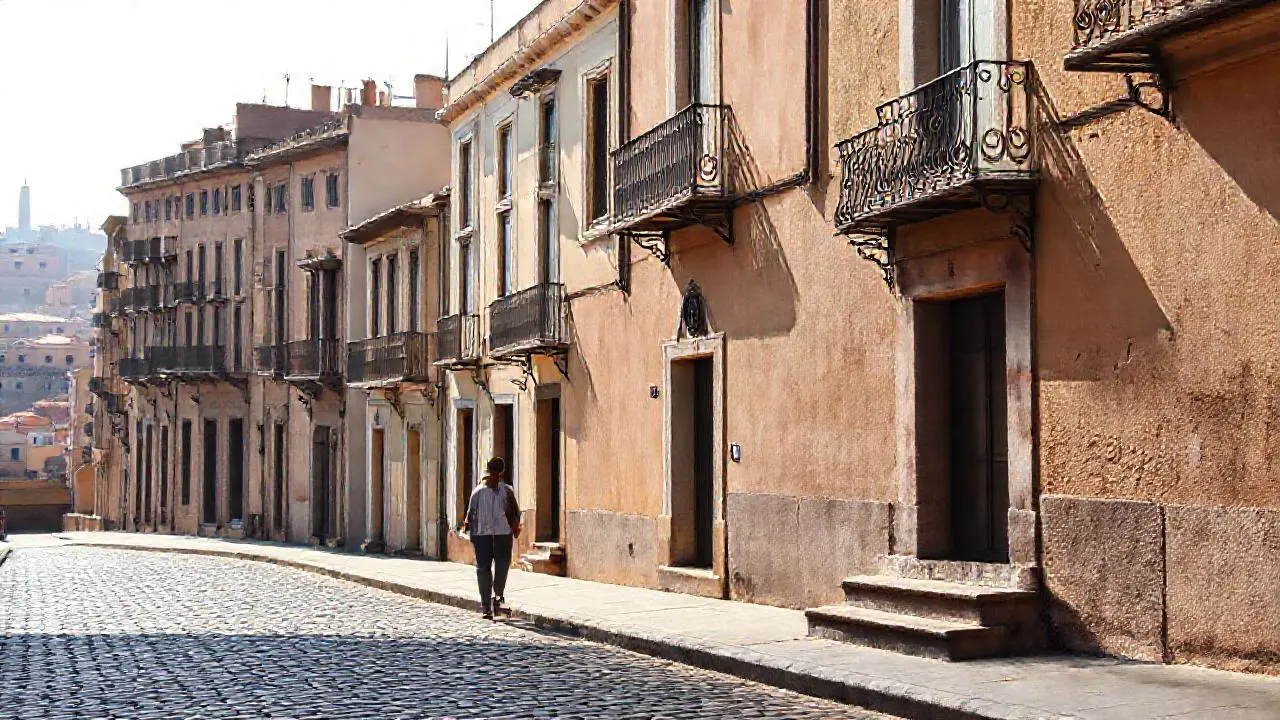 Calle antigua, luz cálida, atmósfera serena