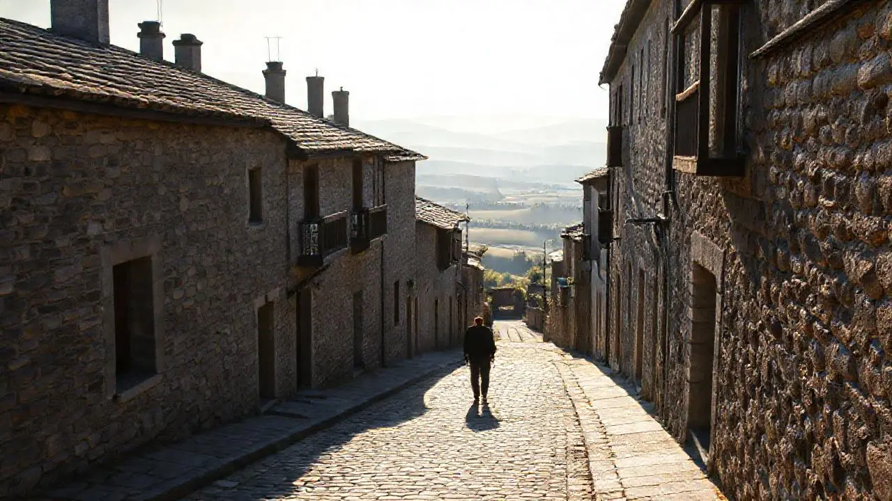 Pueblo rural antiguo, luz cálida y suave
