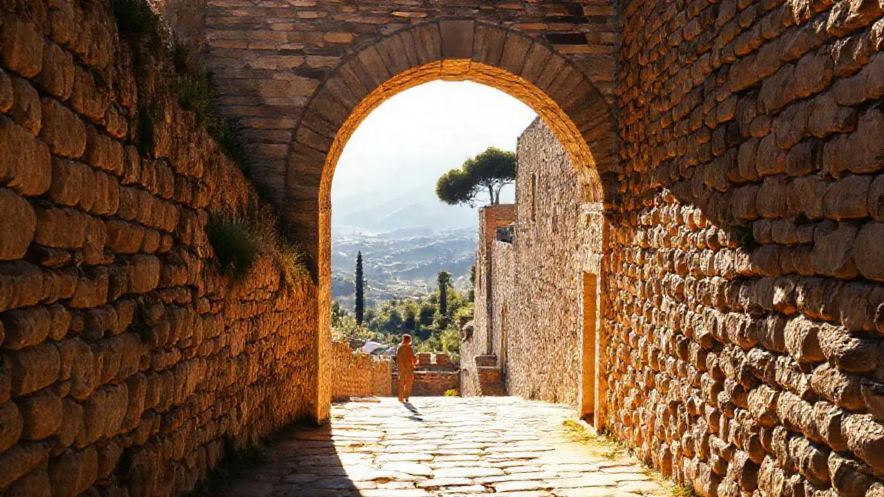 Pueblo medieval, luz suave, paisaje sereno