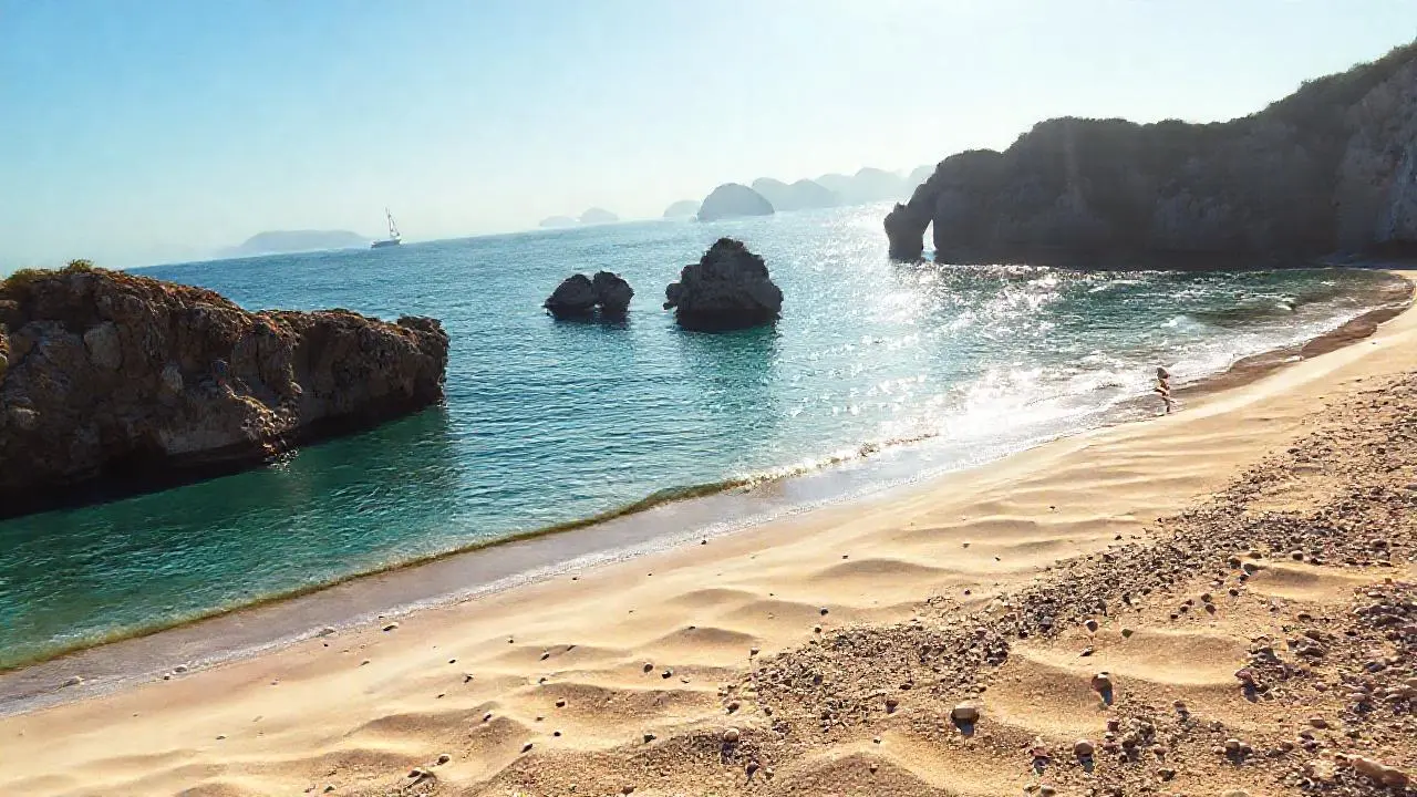 Costa serena, luz cálida y horizonte lejano