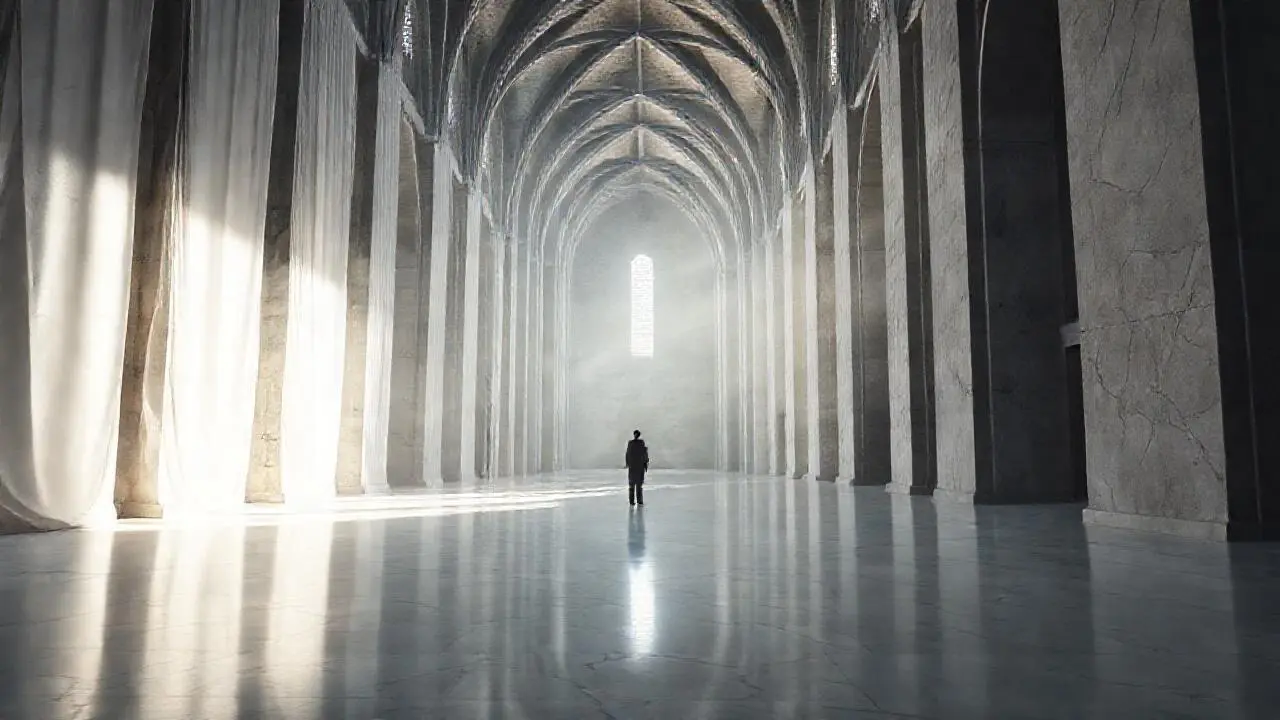 Espacio sereno, luz suave y figura contemplativa