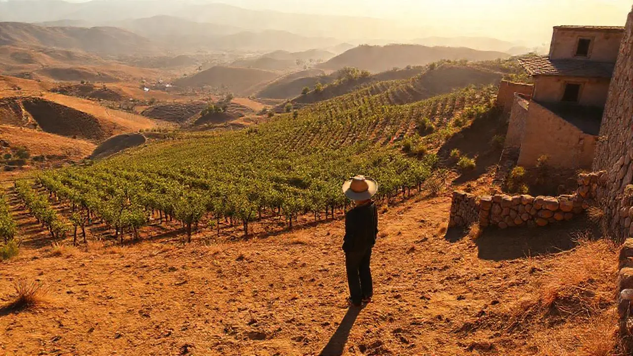 Viñedo peruano, luz cálida y vastedad