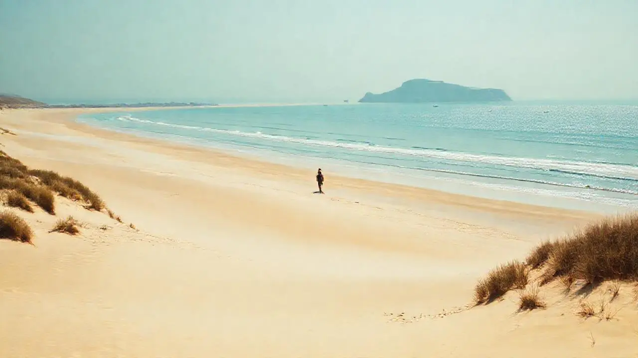 Playa serena, luz cálida y amplitud