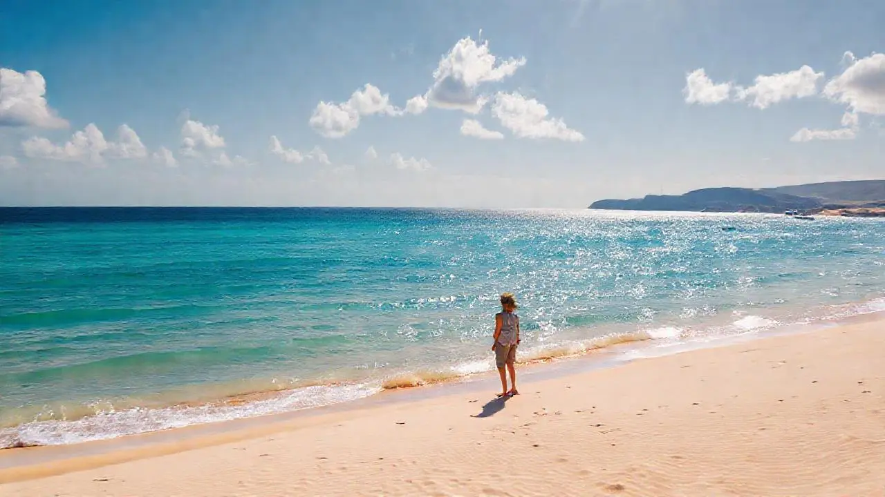 Playa serena bajo cielo azul y cálido