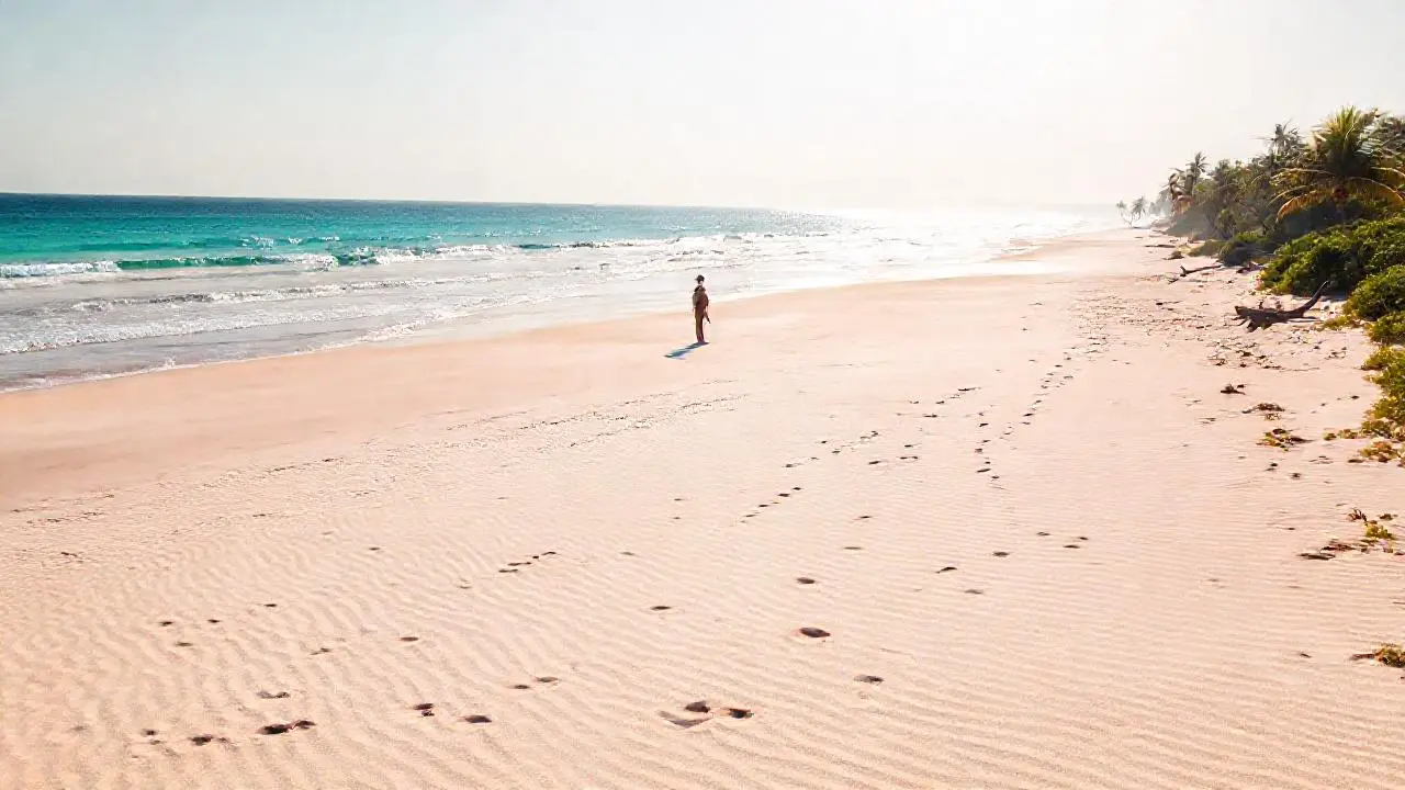 Playa serena, luz cálida, horizonte amplio