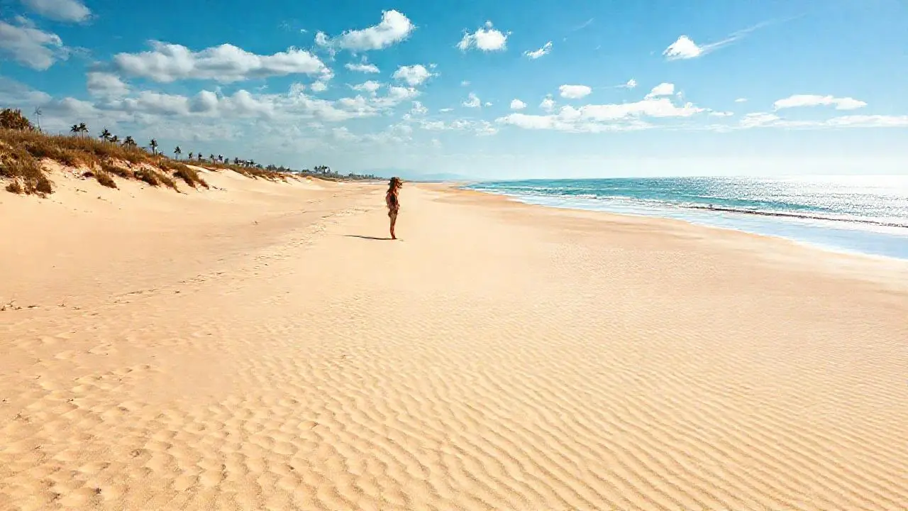 Costa arenosa, sol, y espacio infinito