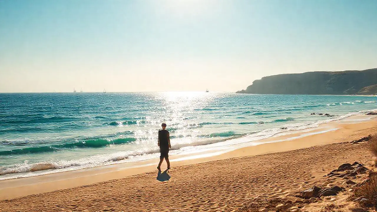 Paz costera, luz suave, figura solitaria