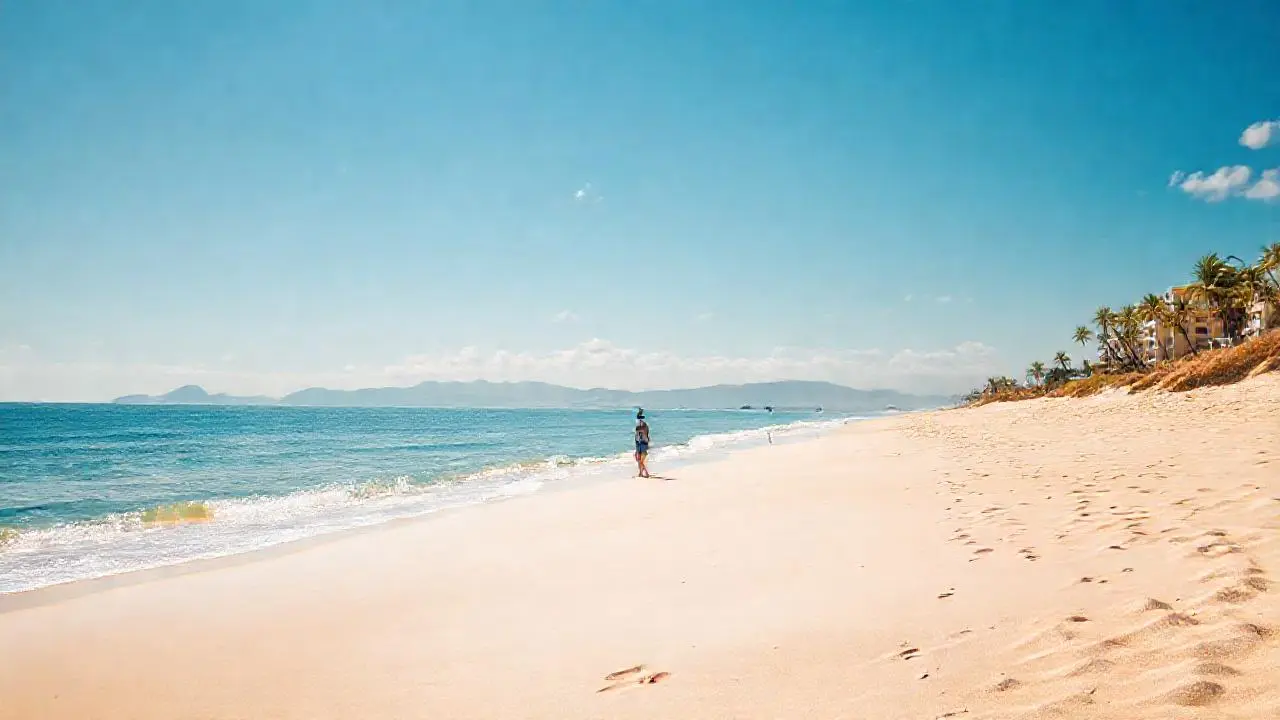 Playa serena, luz cálida, ambiente relajado