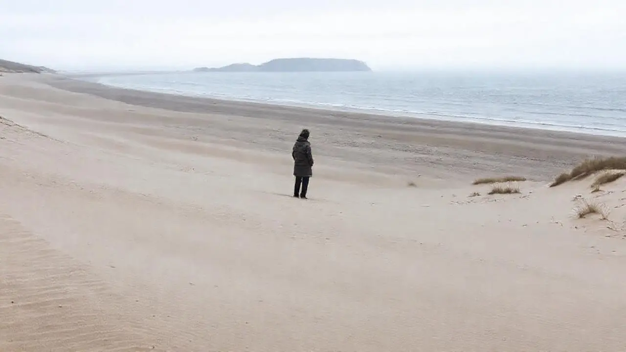 Playa serena y extensa bajo cielo gris
