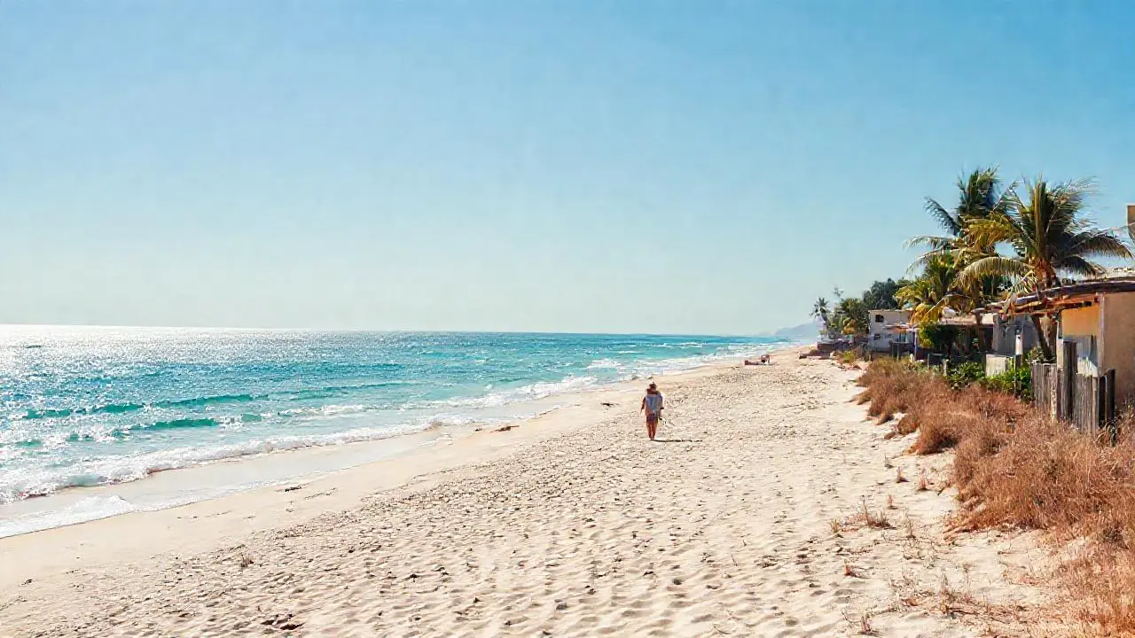 Tranquila playa, luz cálida y horizonte amplio