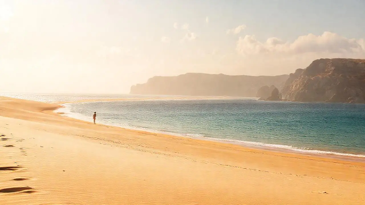 Costa serena y luminosa al atardecer