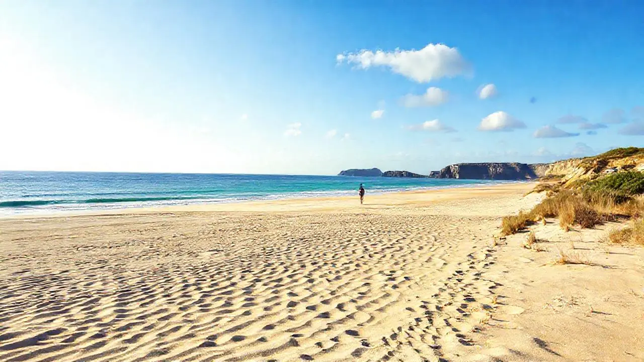 Una playa serena bajo cielos amplios