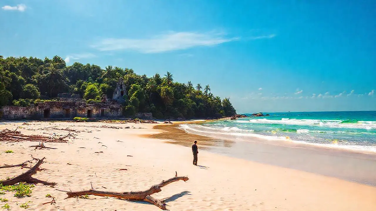 Tranquila playa con ruinas y vegetación