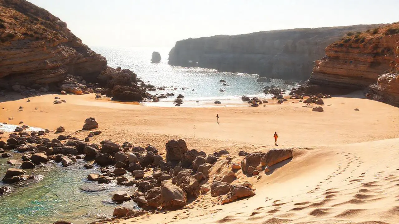 Playa soleada, paisaje sereno y amplio