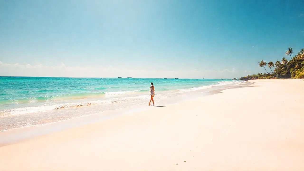 Playa serena, luz cálida y relajante