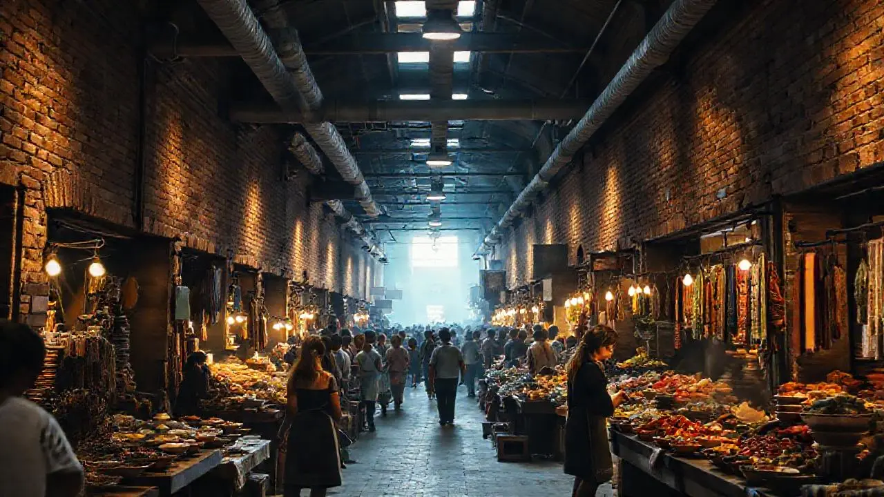 Mercado bullicioso, antiguo y lleno de vida