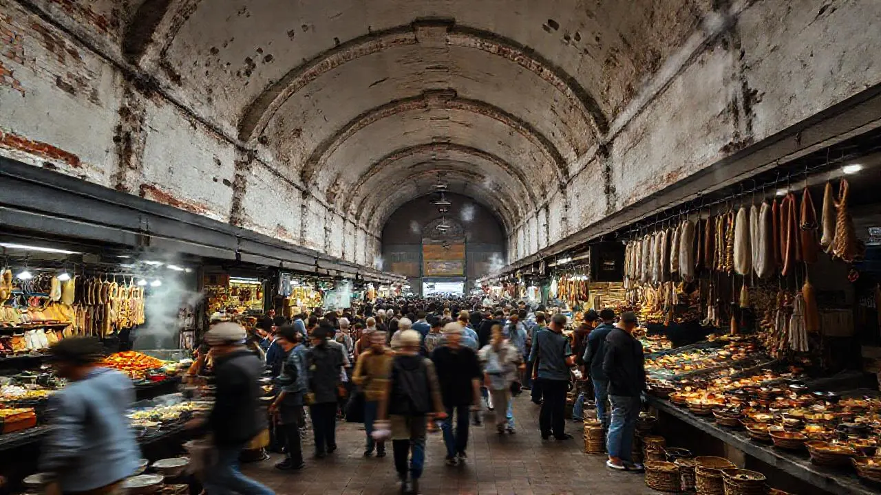 Mercado bullicioso, antiguo, y atmosférico