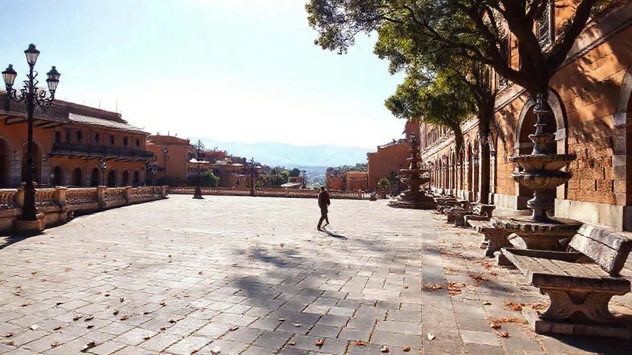 Plaza tranquila, luz suave y vistas amplias