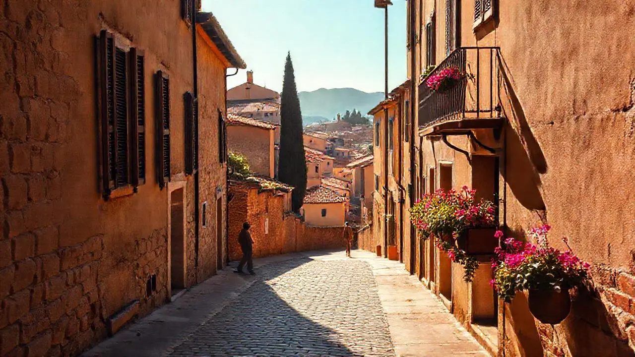 Pueblo antiguo, luz cálida y tranquila