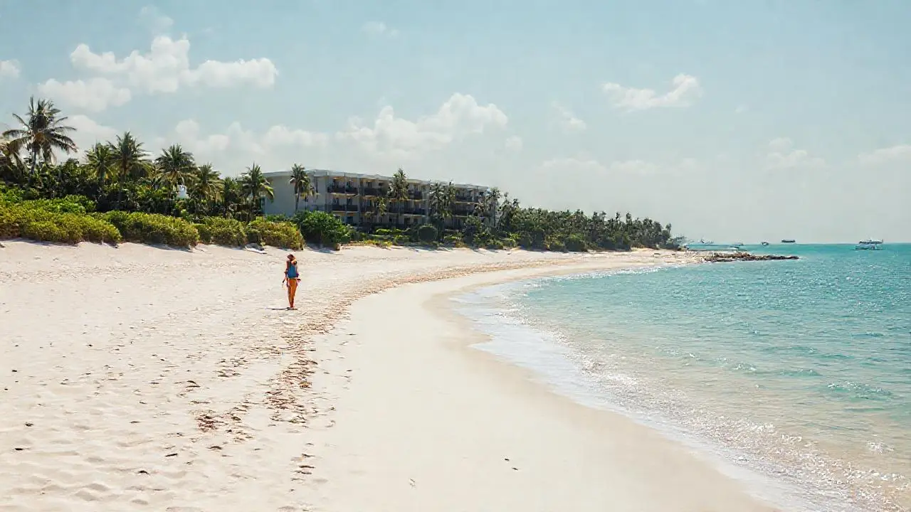 Playa tranquila, luz suave, horizonte distante